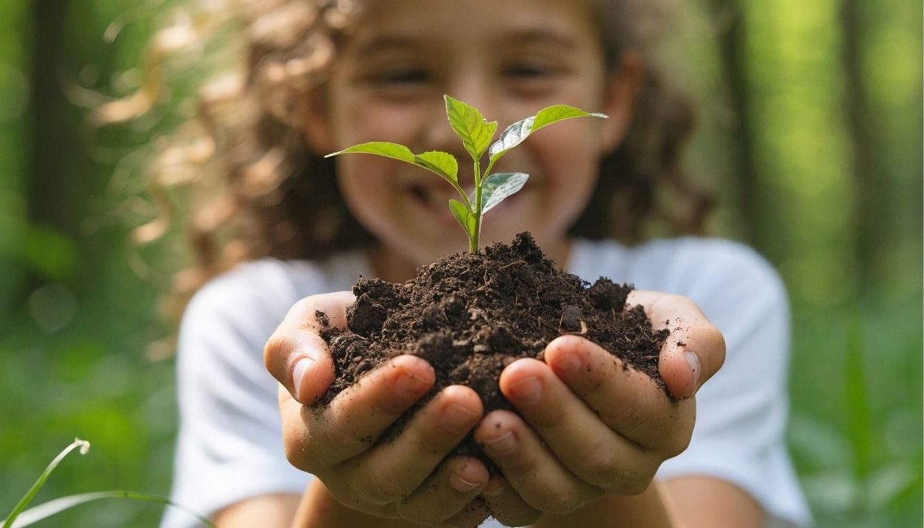 Child holding a small plant in their hands outdoors